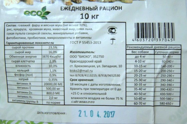 Composición del alimento Bisko
