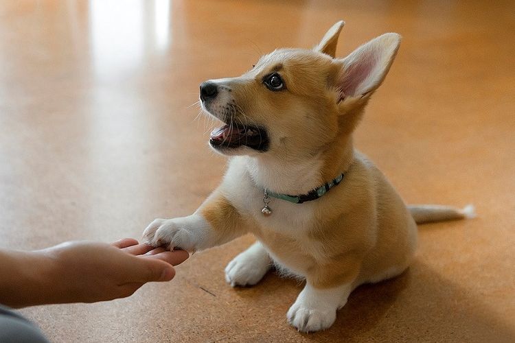 Cachorro de corgi galés da la pata