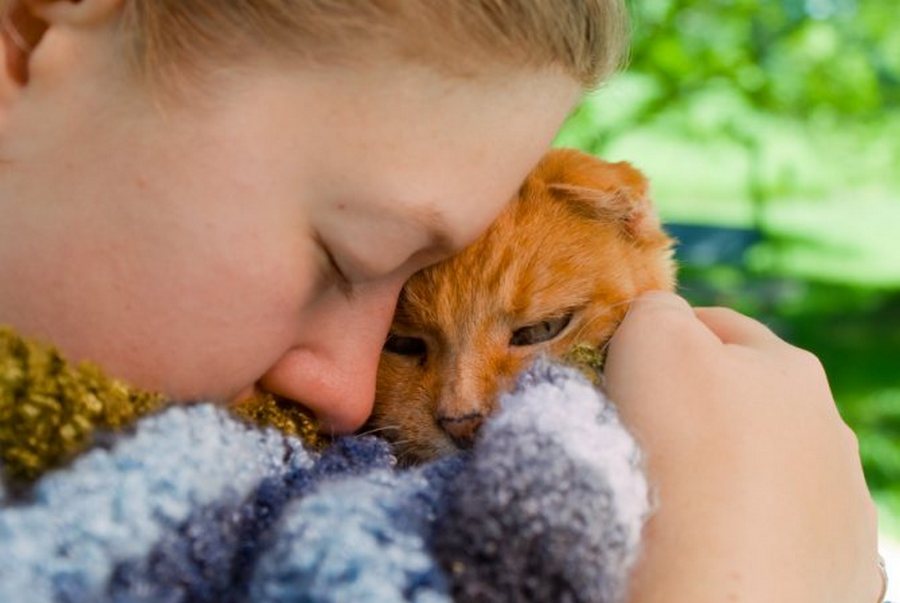 Una chica abraza a un gato